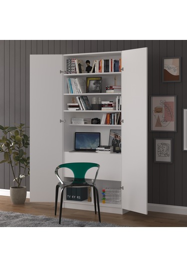 Beyaz Modern Dolaplı Kitaplık Çalışma Masası