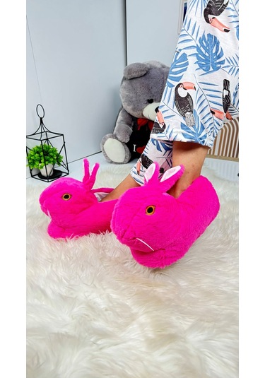 Kadın Panduf Tavşan Figürlü Peluş Ev Botu Desenli Düz Taban Rahat Hafif 359 Fuşya
