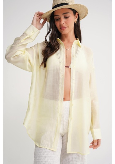 4667 Kadın İnce Oversize Modal Gömlek Sarı Sarı