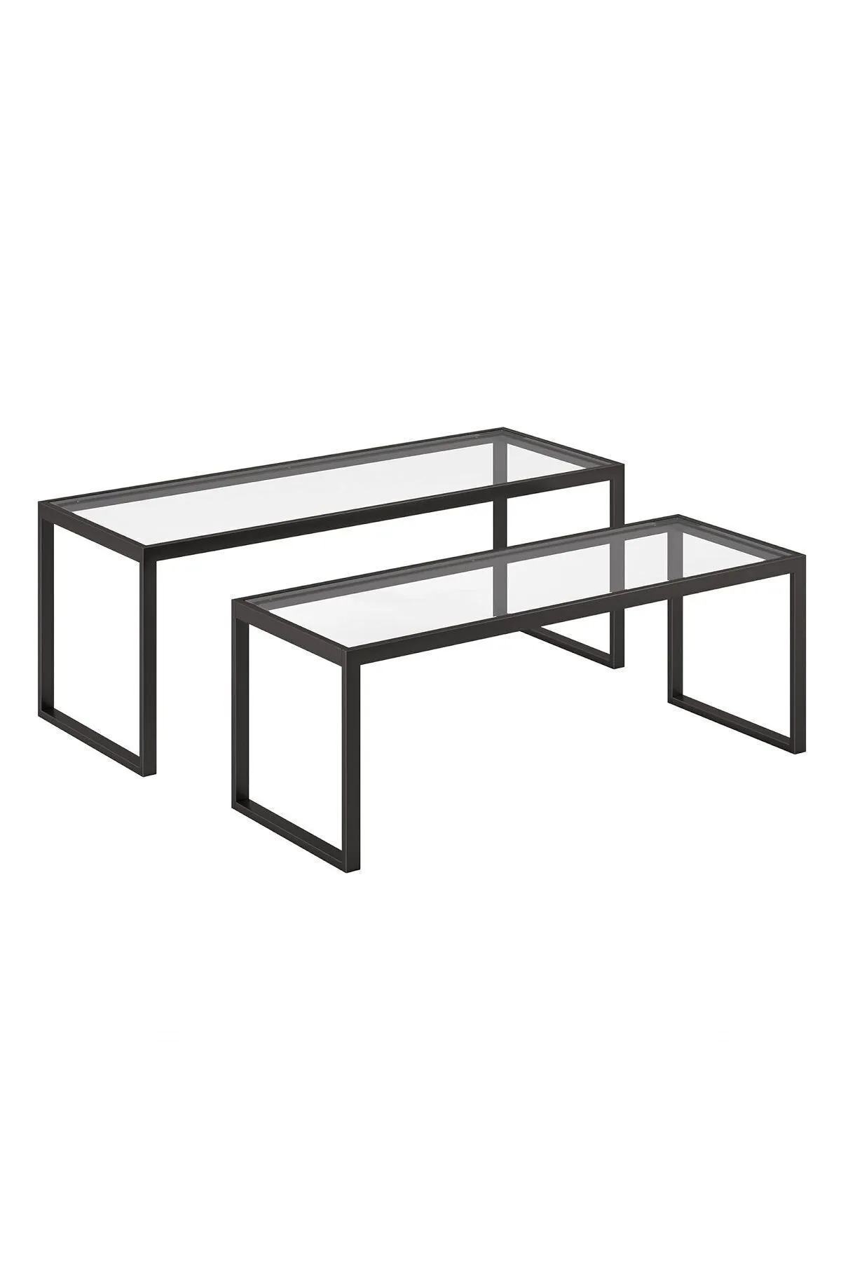 Modern 2 Li Metal Iskeletli Temper Camlı Zigon Orta Sehpa Siyah-şeffaf