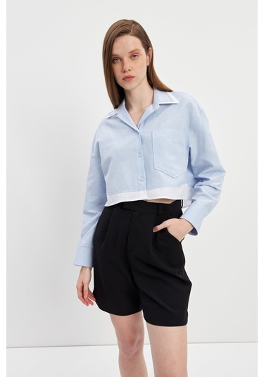 Stella Pulvis Mavi Garnili Tek Cep Crop Oxford Gömlek Mavi