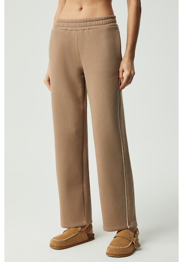 Sharıd Kadın Relaxed Biyeli Geniş Paça Vizon Eşofman Altı