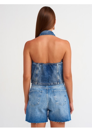 Dilvin Paçası Kesik Denim Şort Mavi