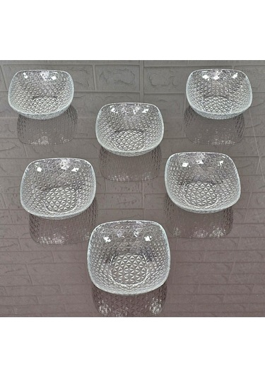 6 Kişilik Kare Kesme Dekorlu Çerezlik Sade Cam Kase 12 Cm Naturel