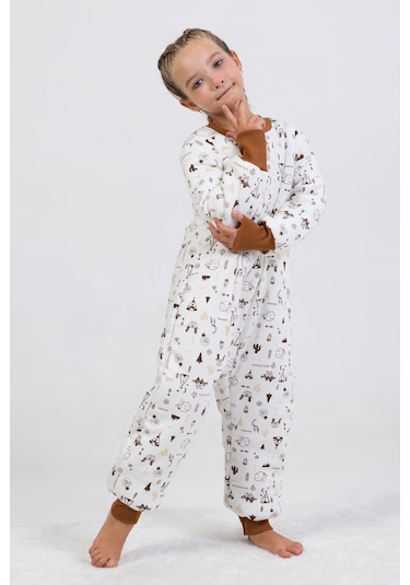 Kız Erkek Çocuk Kalın Elyaf Dolgulu Premium Kalite 2.5 Tog Desenli Uyku Tulumu Kahverengi - Ekru