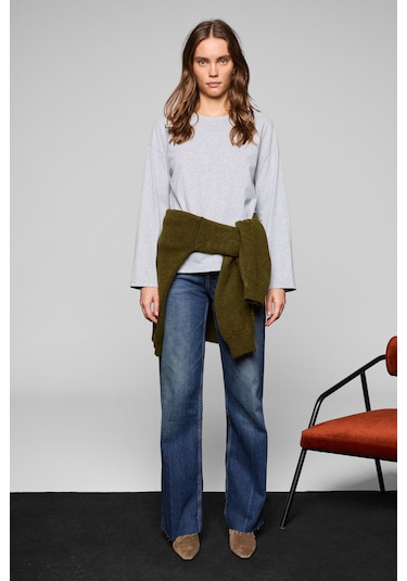 Grımelange Basıl Kadını Oversize %100 Organik Pamuk Örme Uzun Kol Grimelanj T-shirt Gri Melanj