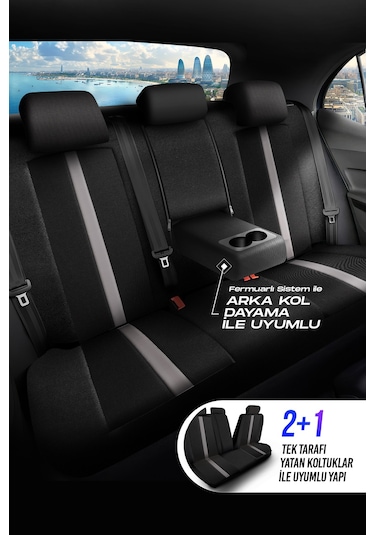 Siyah - Gri Garni Panda Sevılla Serısı Keten Kumaş Oto Koltuk Kılıfı - Tam Set