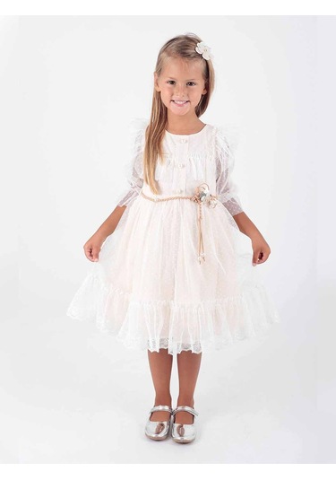 Ahengim Kız Çocuk Tokalı Kemerli Dantelli Trend Tül Elbise Ak2206 001