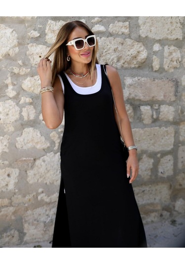 Kadın Yırtmaç Detaylı Viskon Kumaş Maxi Boy Cepli Iç Dahil Ikili Elbise Siyah