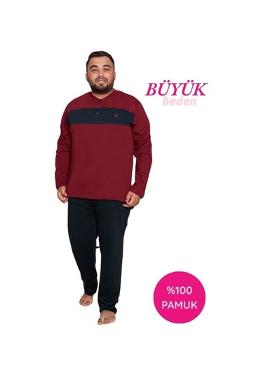 Erkek Büyük Battal Beden Desenli 3 Düğmeli %100 Pamuk Mevsimlik Uzun Kol Cepli Pijama Takımı Bordo