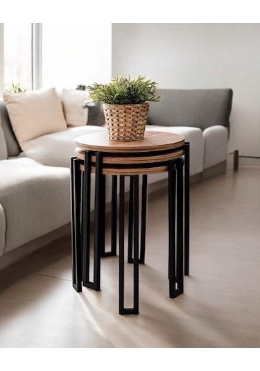 3 Lü Zigon Sehpa Metal Ayaklı Çam Ahşap Yuvarlak Misafir Sehpası
