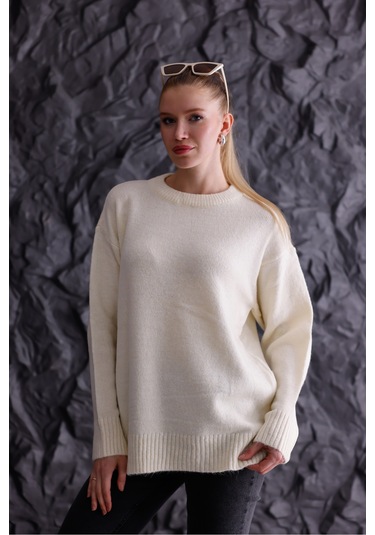 Bisiklet Yaka Oversize Basic Triko Kazak Bej