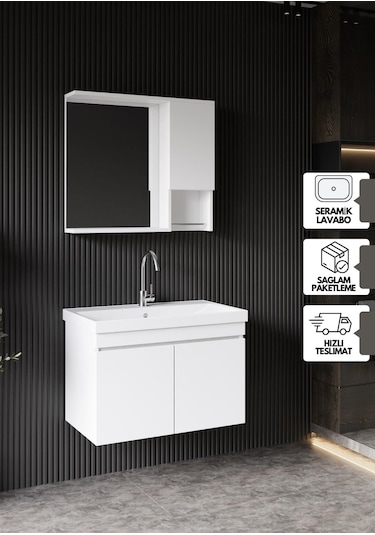 Karen Banyo Deniz Banyo Dolabı Seti, 80 Cm Beyaz, Lavabo Dahil, Lavabolu Beyaz