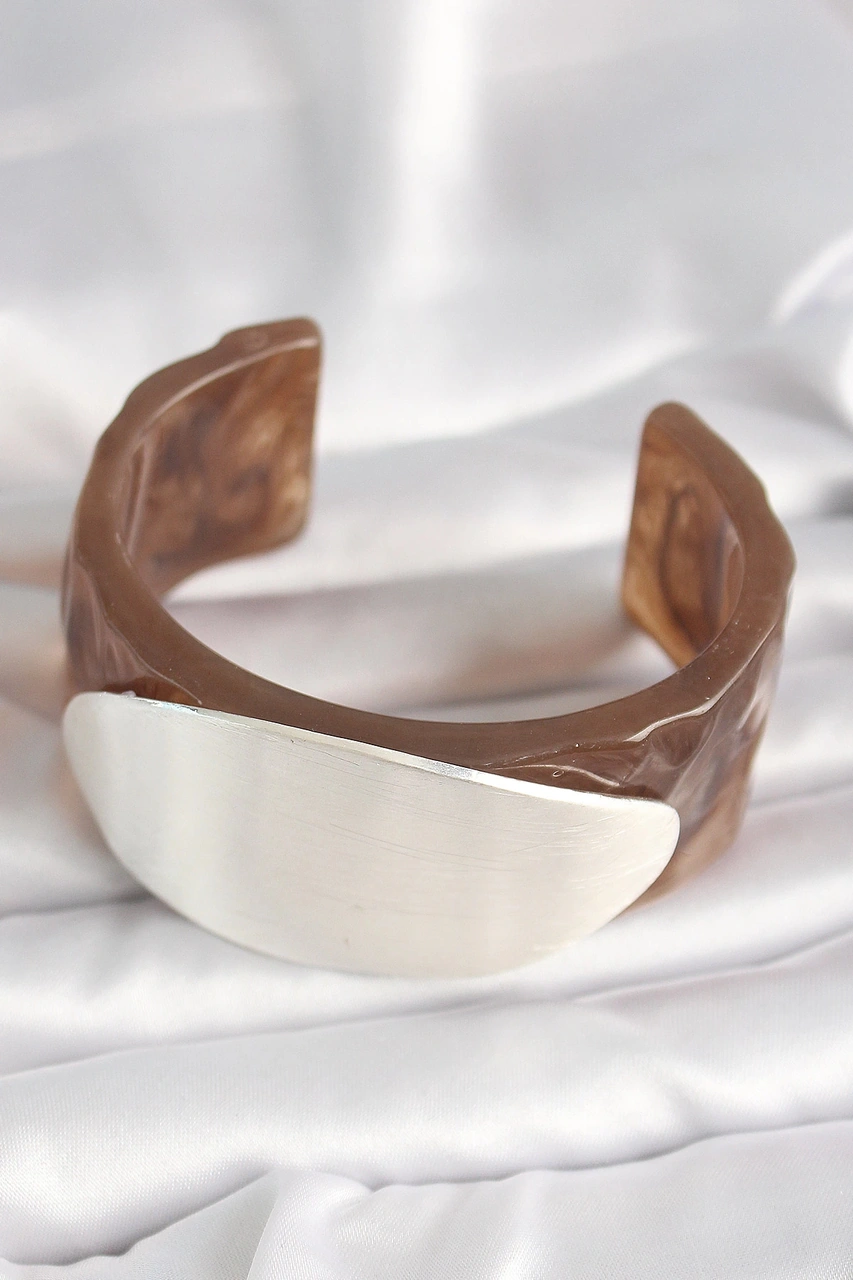 Dodes Dodes Kahverengi Mermer Desen Akrilik Plastik Gümüş Oval Plaka Model Vintage Kadın Bilezik Tg2 Çok Renkli