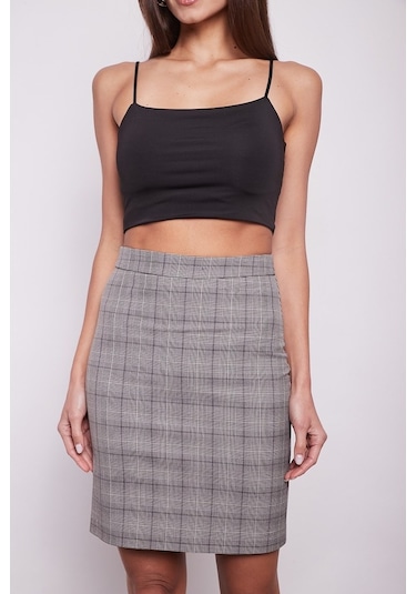 Ekose Desenli Yüksek Bel Diz Üstü Likralı Pamuklu Kumaş Kalem Ete (533384466)