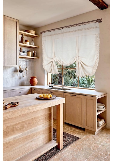 Naturel Potlu Perde Bohem Büzgü Bantlı Krem