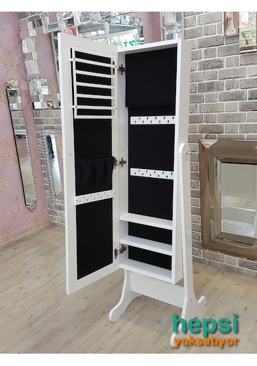 Ayna Denizi Klasik Model Beyaz Renk Ayaklı Boy Aynalı Takı Dolabı