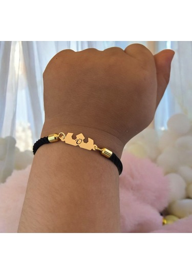 Ü Harfine Özel Taç Figürlü 14 Ayar Altın Plakalı Siyah İpek Örgülü Hediye Bileklik-507harf Ü