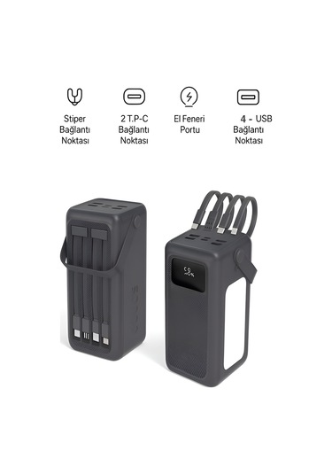 50000mah 22.5w Hızlı Şarj 4xusb 1xtype-c 1xmicro Led Işıklı Dahili Kablolu Çoklayıcı Powerbank Koyu Gri