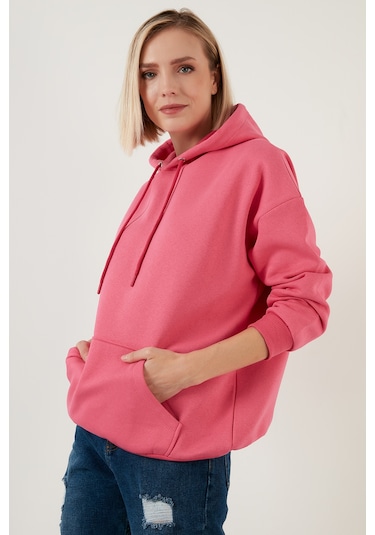 Lela Regular Fit Pamuklu Kapüşonlu Yaka Şardonlu Kışlık Bayan Sweat 5863854 Fuşya