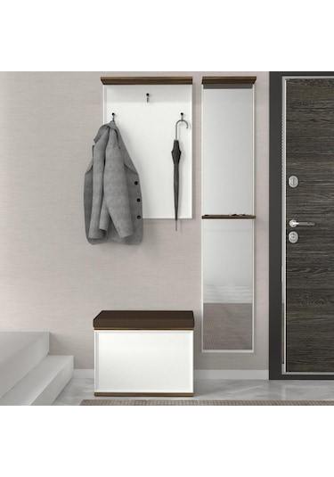 Dekorister Lonya Aynalı Sandıklı Puflu Portmanto Beyaz-Ceviz