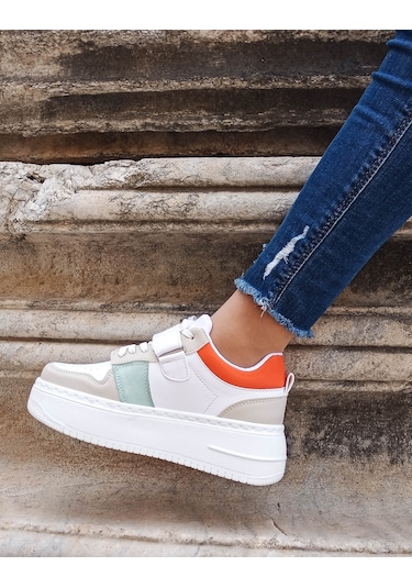 Gdt Ayakkabı Bej Turuncu Kalın Taban Bağcıklı Cırtlı Kadın Spor Ayakkabı 001