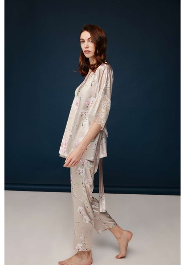 Bonnie&Clyde - Kadın Baskılı Saten 3 lü Takımı -5243 Pudra