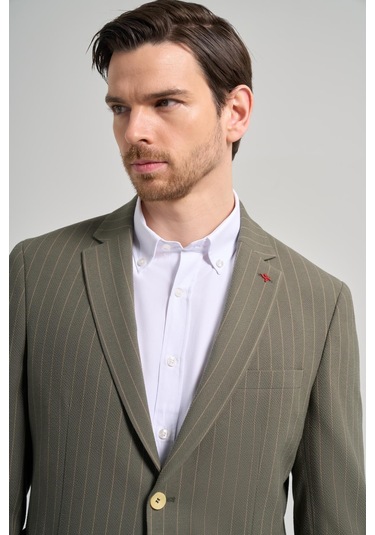 Çizgili Desen Gofreli Mono Yaka Malzemesiz Esnek 6 Drop Slim Fit Ceket 1002250122 Koyu Haki