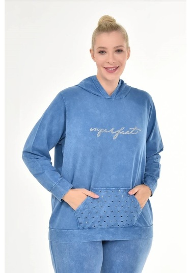 Kadın Büyük Beden İtalyan Yıkama Mavi Kapşonlu Sweatshirt Mavi