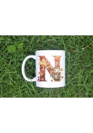 N Harf Sonbahar Yaprak Temalı Kupa Bardak - Sevimli Figürler İle Alfabe Harfli Bardak - Kişiye Özel Beyaz