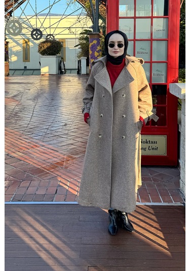 Uzun Apolet Detaylı Kaşe Kaban Kahve Kahve