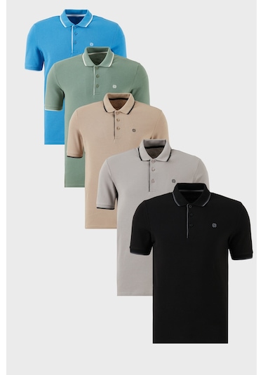 Buratti Pamuklu Slim Fit Şerit Detaylı Düğmeli Polo Yaka 5'Li Paket Erkek T Shirt 5902118S5 Siyah-Taş-Koyu Mavi-Vizon- Elma Yeşili-Beyaz