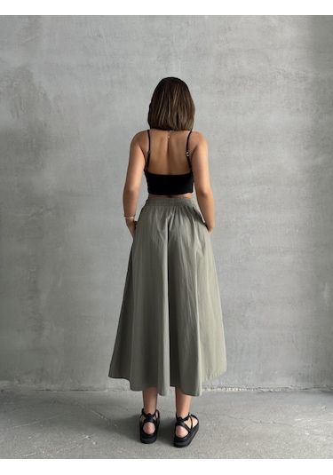 Kadın Beli Lastikli Dokuma Kloş Etek Haki Kadın Beli Lastikli Dokuma Kloş Etek Haki