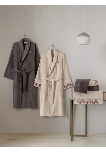Cotton Box Puff Nakışlı Aile Bornoz Seti Molende Bej-antrasit Antrasit Bej