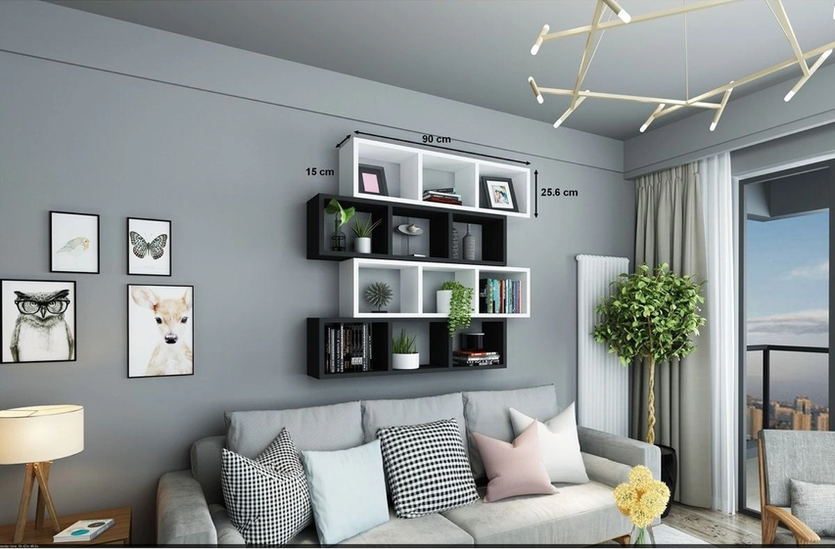 Kitaplık Lux Yatay Duvar Rafı Siyah Beyaz 4 Lü Takım Siyah Beyaz