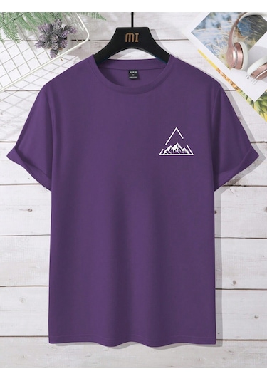 Üçgen Dağ T-shirt - Mor Baskılı Oversize Bisiklet Yaka Kısa Kol Tişört Mor
