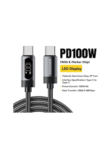 Essager 1m Usb C - Usb C Kablosu 100w Dijital Ekran Hızlı Şarj Veri Senkronizasyon Kablosu