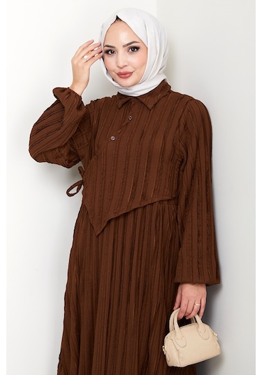 Çapraz Bağlamalı Bürümcük Elbise 1617 - Kahve Kahve