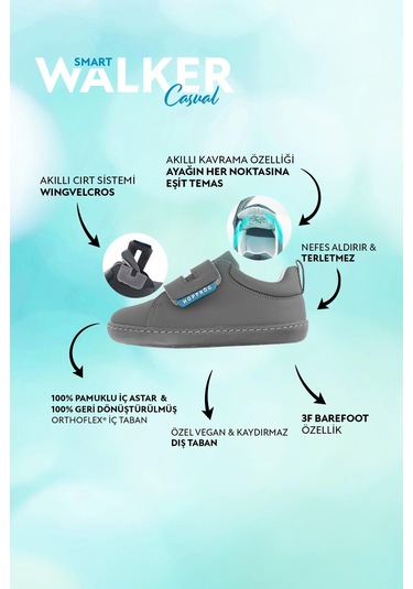 Smart Walker Casual Süper Mat Gri Barefoot Çocuk Ayakkabı Gri