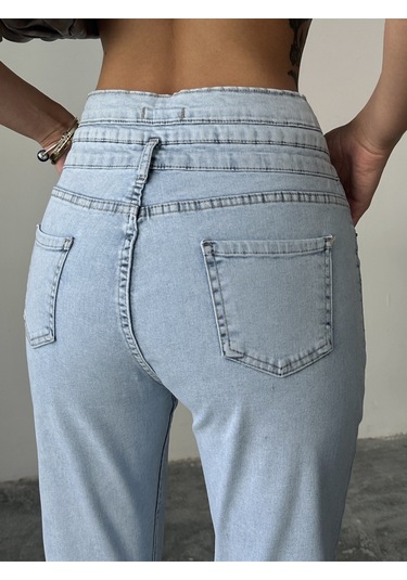 Kadın 3 Kemerli Yüksek Bel Kot Dar Paça Pantolon Buz Kar