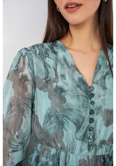 Bigdart 2137 Desenli Şifon Elbise - Mint Yeşili