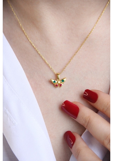 18k Altın Kaplamalı 925 Ayar Gümüş Kalpli Kelebek Kolye - 23173002 Altın