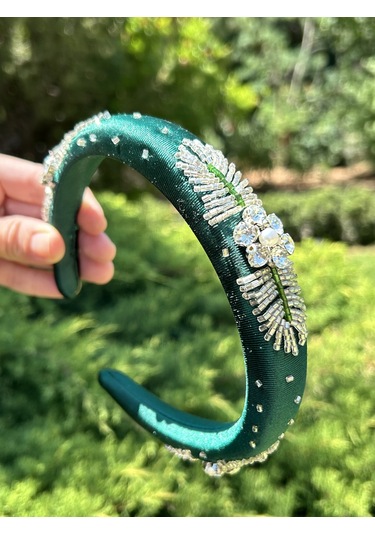 Tasarım El Yapımı El İşlemeli Yeşil Saten Gümüş Nakış İşleme Abiye Kına Nişan Saç Aksesuarı Taç Yeşil