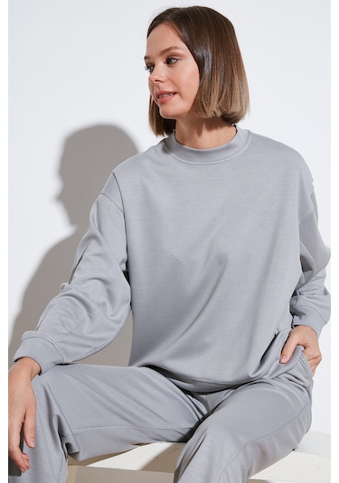 Lela Streç Bisiklet Yaka Oversize Fit Scuba Bayan Sweat 5865879 Gri