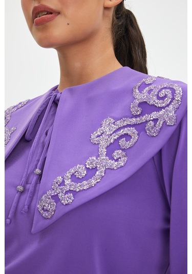 Parıltılı İşlemeli Zarif Yaka Tasarımlı, Balon Kollu Şık Bluz - Özel Günler Ve Günlük Kullanım İçin İdeal Mor