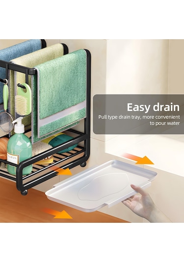 Jms Mutfak Lavabo Caddy Organizatör Karbon Çelik Duvara Monte Tezgah Havlu Rafları Sünger Tutucu Siyah