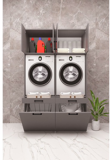 Mdf Çamaşır Makinesi Ve Kurutma Makinesi Dolabı Çift Sepetli Antrasit