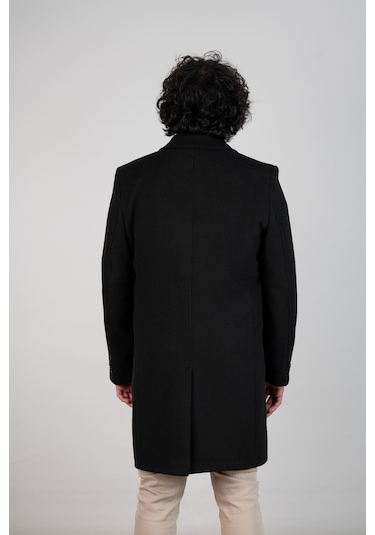 Yakalı Klasik Kesim Düğmeli Uzun Kaşe Erkek Kaban Siyah