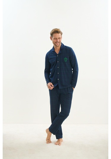 Erkek Uzun Kol Gömlek Yaka Önden Düğmeli Lacivert Pijama Takım C2t1n5o9 001
