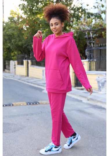 Akbeniz Kadın Pamuk Kapşonlu Cepli 3 İplik Fuşya Eşofman Takım 9037-fuşya Fuşya